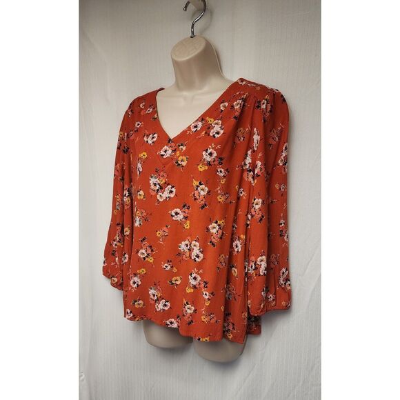 St John Bay V-Neck 3/4 Sleeve Floral Multi-color Orange Blouse Size Large - Picture 3 of 7